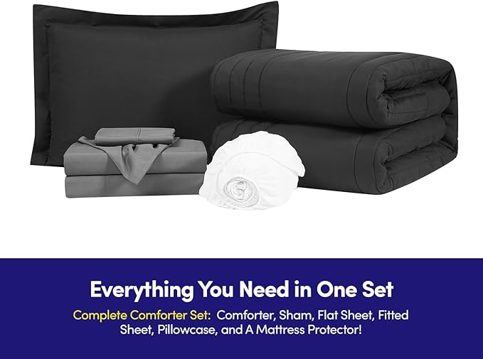 Twin Size Comforter Set Quilted Stripe Bedding Bundle – Stylish Set with Comforter, Mattress Protector, Sheet Set & Pillow Shams — Sophisticated Striped Design for Home & Guest Rooms, Black/Charcoal