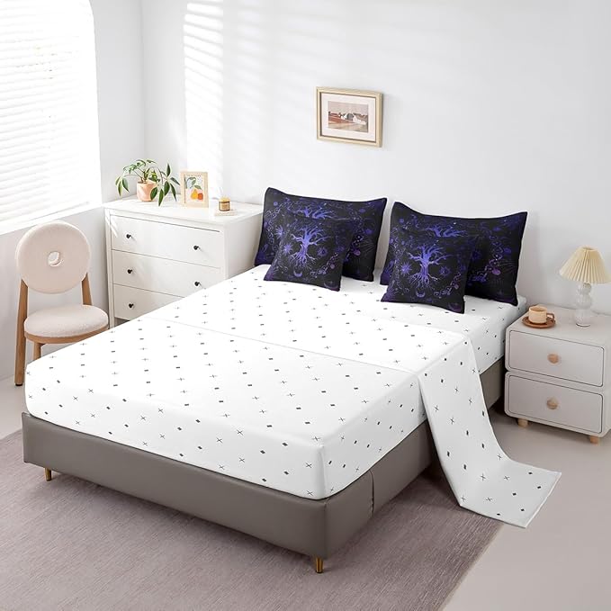 Feelyou Bohemian Tree Bedding Set with Comforter, Full Size 7Pcs Purple Galaxy Tree Comforterative Sun Moon Bed in a Bag with Comforter, Astrology Space Room Decor