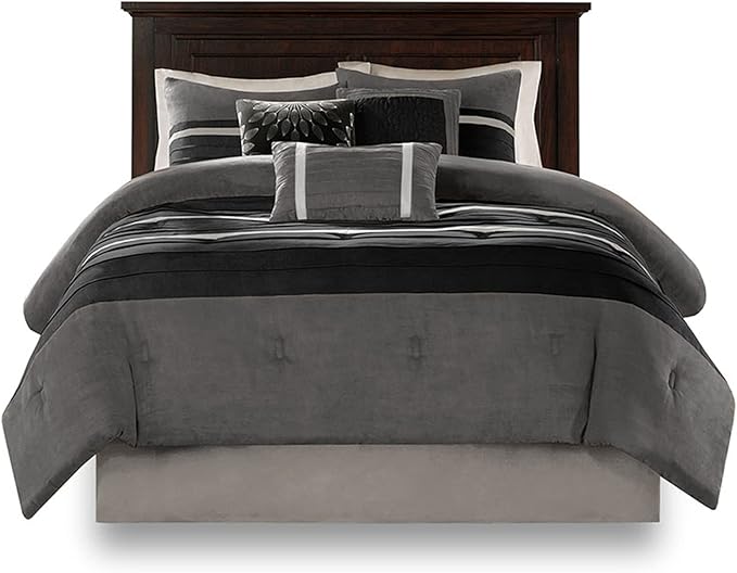 Madison Park Palmer Comforter Set - Faux Suede Design, Striped Accent, All Season Down Alternative Bedding, Matching Shams, Decorative Pillow, Bed Skirt, Full (82 in x 90 in), Black 7 Piece