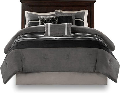 Madison Park Palmer Comforter Set - Faux Suede Design, Striped Accent, All Season Down Alternative Bedding, Matching Shams, Decorative Pillow, Bed Skirt, Full (82 in x 90 in), Black 7 Piece