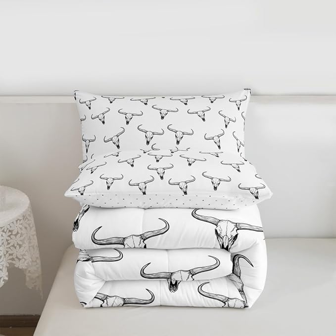 Erosebridal Bull Skull Comforter Set Toddler Ethnic Bohemian Bedding for Men Boys | Tribal Steer Skull Wildlife Aztec Bedroom Decor Farmhouse Cabin Lodge Duvet Insert with 1 Pillow Case,Black White