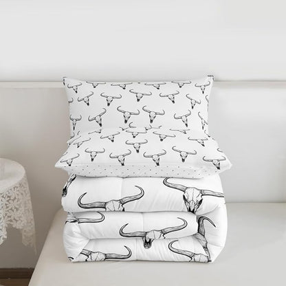 Erosebridal Bull Skull Comforter Set Toddler Ethnic Bohemian Bedding for Men Boys | Tribal Steer Skull Wildlife Aztec Bedroom Decor Farmhouse Cabin Lodge Duvet Insert with 1 Pillow Case,Black White