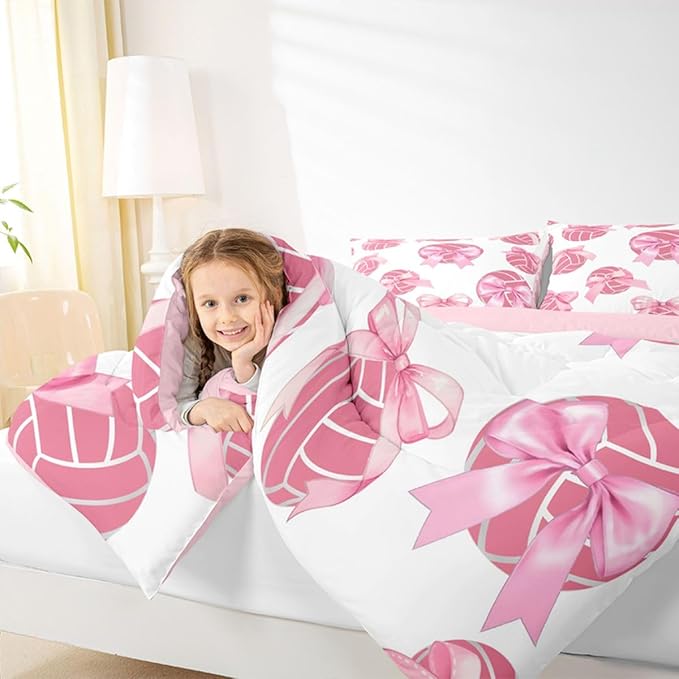 Bowknot Volleyball Comforter Set King Size,Pink Bow Knot Print Bedding Sets 3Pcs for Kids Girls Women Room Decor,Ball Sport Games Theme Quilted Duvet Cute Cartoon Girly Down Comforter,2 Pillowcases