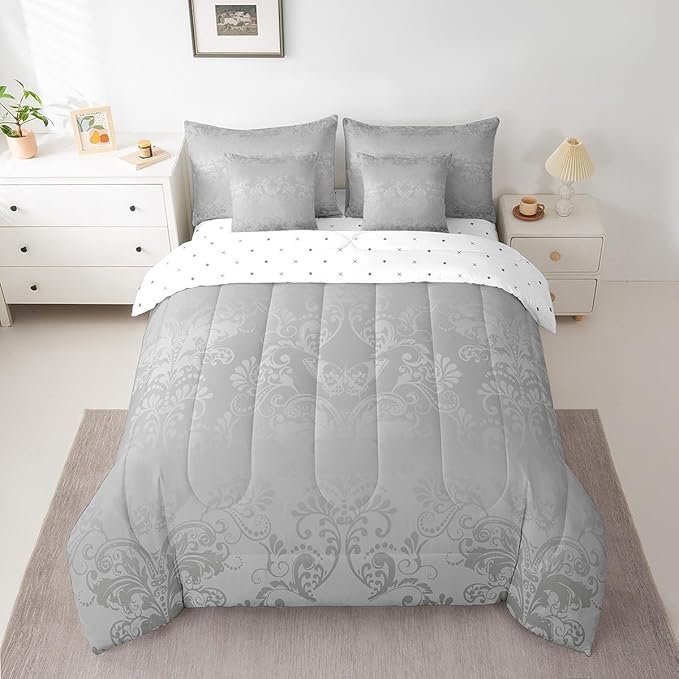 Erosebridal Gothic Damask Bed in a Bag King Size Comforter Set 7 Pieces,Butterfly Skull Bedding Sets Grey Victorian Floral Goth Sheet Set with Comforter