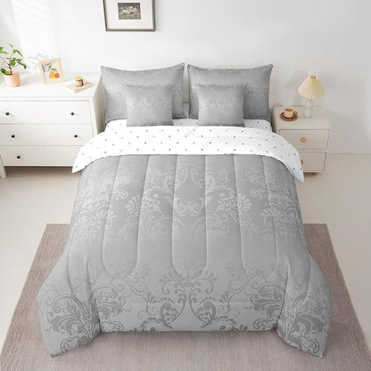 Erosebridal Gothic Damask Bed in a Bag King Size Comforter Set 7 Pieces,Butterfly Skull Bedding Sets Grey Victorian Floral Goth Sheet Set with Comforter