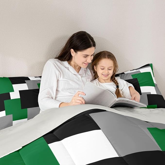Castle Fairy Green Grey Black Twin Size Comforter Set,Modern Abstract Art Duvet Set Soft Bed Collection,Geometric Grid Square Splicing Bedding Comforter for Boys Girls Bedroom,2 Pcs