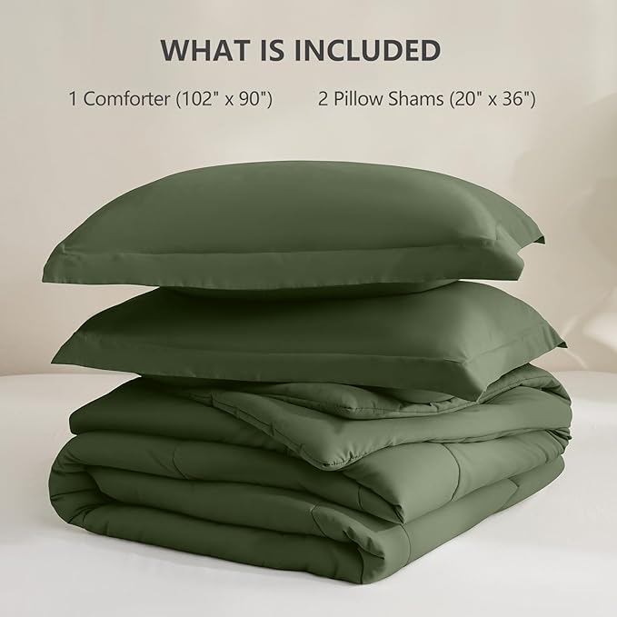 CozyLux King Comforter Set - Olive Green Comforter King Size, 3 Pieces Box Stitched Bed Set for All Seasons, Soft Lightweight Bedding Sets with 1 Down Alternative Comforter and 2 Pillow Shams