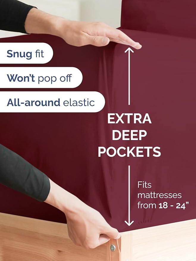 Extra Deep Twin XL Sheet Set - 4 Piece Breathable and Cooling Sheets - Hotel Luxury Bedding for Women, Men, Kids & Teens - Easy Secure Fit - Soft, Wrinkle Free & Comfy - Extra Deep Pockets - Burgundy