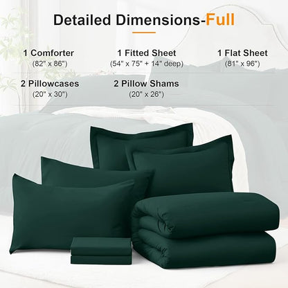 Full Comforter Set 7 Piece - Soft Bed in a Bag Queen Size Comforter Sets, Cozy Luxury Bedding Sets with All Season Comforter, Flat Sheet, Fitted Sheet,2 Pillowcases & 2 Shams, Dark Green