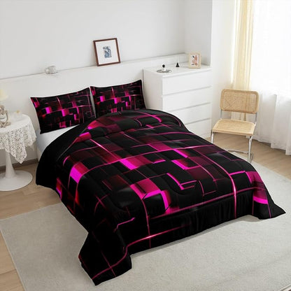 Erosebridal Pink Black Bedding Set Twin Size Neon Geometric Kids Comforter Set 2 Pcs Honeycomb Bed Sets Modern Quilt,1 Comforter 1 Pillow Case Cool Room Decor, Bside Black