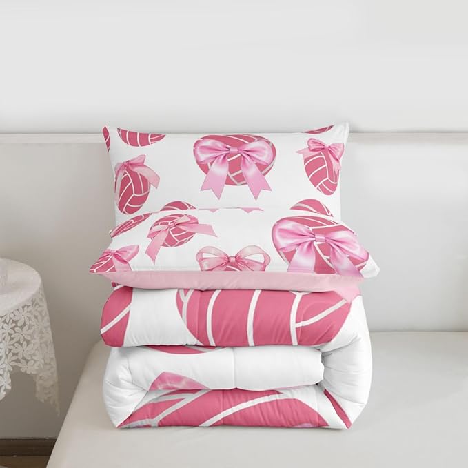 Bowknot Volleyball Comforter Set King Size,Pink Bow Knot Print Bedding Sets 3Pcs for Kids Girls Women Room Decor,Ball Sport Games Theme Quilted Duvet Cute Cartoon Girly Down Comforter,2 Pillowcases