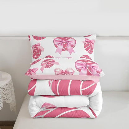 Bowknot Volleyball Comforter Set King Size,Pink Bow Knot Print Bedding Sets 3Pcs for Kids Girls Women Room Decor,Ball Sport Games Theme Quilted Duvet Cute Cartoon Girly Down Comforter,2 Pillowcases