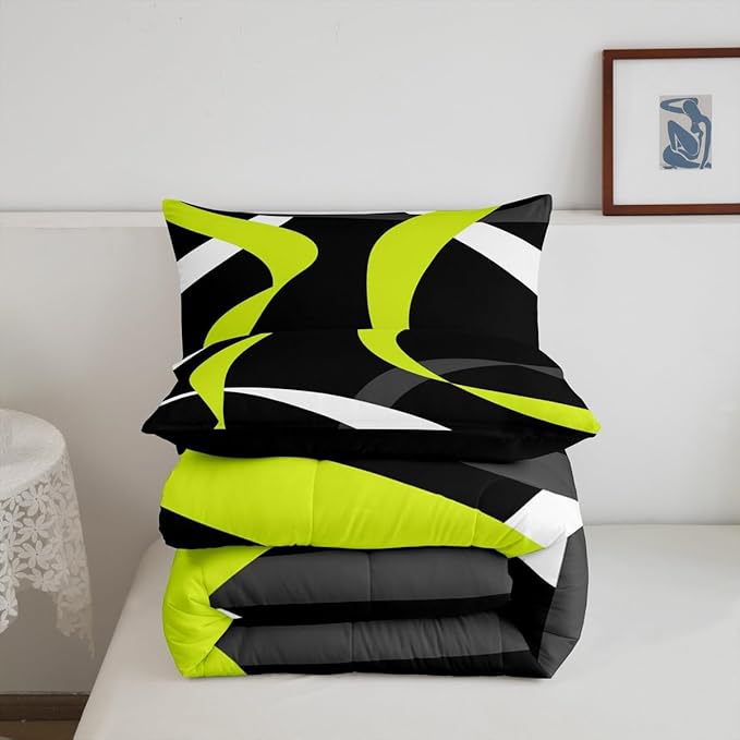 Erosebridal Abstract Black Lime Green Comforter Set Dark Grey White Striped Bedding Set Full for Kids Boys Teen Men Geometric Swirl Stripes Bedding Comforter Sets Modern Fashion Quilt Duvet