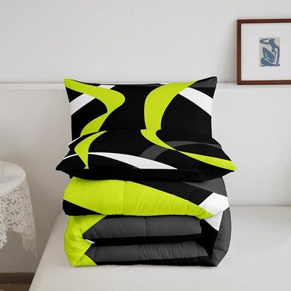 Erosebridal Abstract Black Lime Green Comforter Set Dark Grey White Striped Bedding Set Full for Kids Boys Teen Men Geometric Swirl Stripes Bedding Comforter Sets Modern Fashion Quilt Duvet