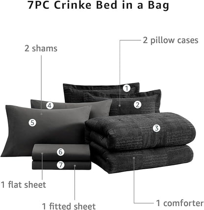 MaiRêve Full Size Comforter Sets Black, Textured Design Crinkle Bedding Sets 7 Pieces, All Season Bed in A Bag with Comforter, Sheets, Pillowcases & Shams