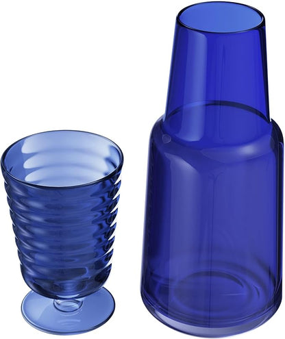 American Atelier 32 oz Bedside Water Carafe Set – 11" Ribbed Glass Pitcher with Footed Cup Lid, Covered Drinking Decanter for Nightstand, Guest Room, Office & Bathroom Accent, Elegant Glassware (Navy)