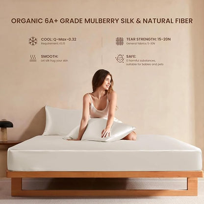 THXSILK Luxury Mulberry Silk Bed Sheets Set - 4pcs Silk Sheets Set 16" Deep Pocket - 1 Fitted Sheet, 1 Flat Sheet, 2 Pillowcases with Zipper Closure - Queen, White