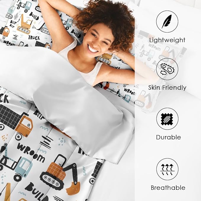 Boys Construction Comforter Set for Kids Teens Full, Hand Drawn Car Excavator Truck Bedding Sets Water Washed Microfiber Bedding with 1 Comforter 2 Pillowcases All Season