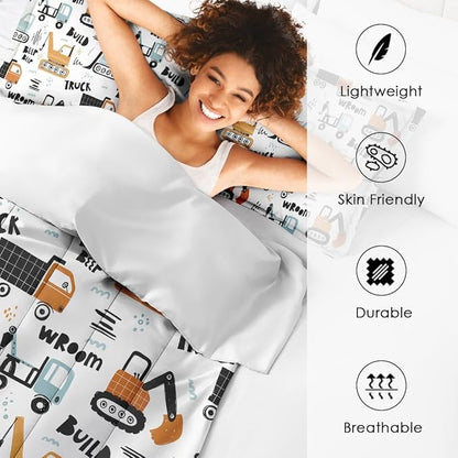 Boys Construction Comforter Set for Kids Teens Full, Hand Drawn Car Excavator Truck Bedding Sets Water Washed Microfiber Bedding with 1 Comforter 2 Pillowcases All Season