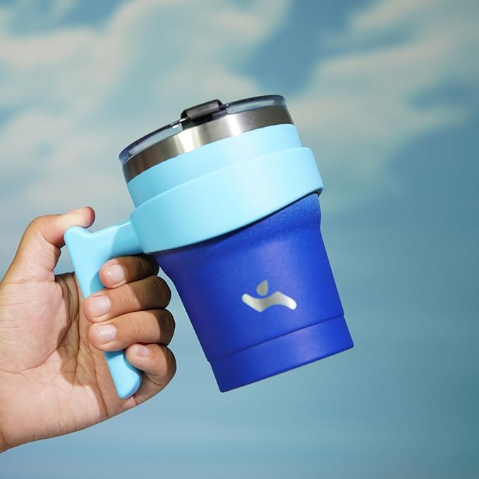 10 oz Tumbler with Handle and 2 Straw 2 Lid, Insulated Water Bottle Stainless Steel Vacuum Cup Reusable Travel Mug,Sky