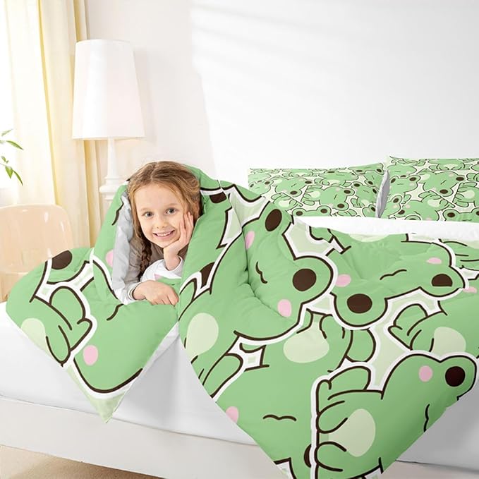 Cute Frog Comforter Set King Size, Kawaii Frog Bedding Set For Kids Boys Girls Teens, Green Wild Animals Farmhouse Down Comforter, Wildlife Rustic Funny 3Pcs Quilted Duvet All Season Bedroom Decor