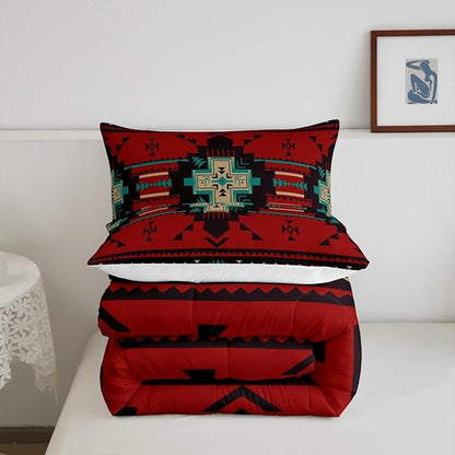 Western Bedding Comforter Set Full Size,America Southwest Aztec Tribal Quilted Duvet 3pcs for Teens Kids Girls Women Bedroom Decor,Rustic Red Brown Duvet Insert with 2 Pillowcases