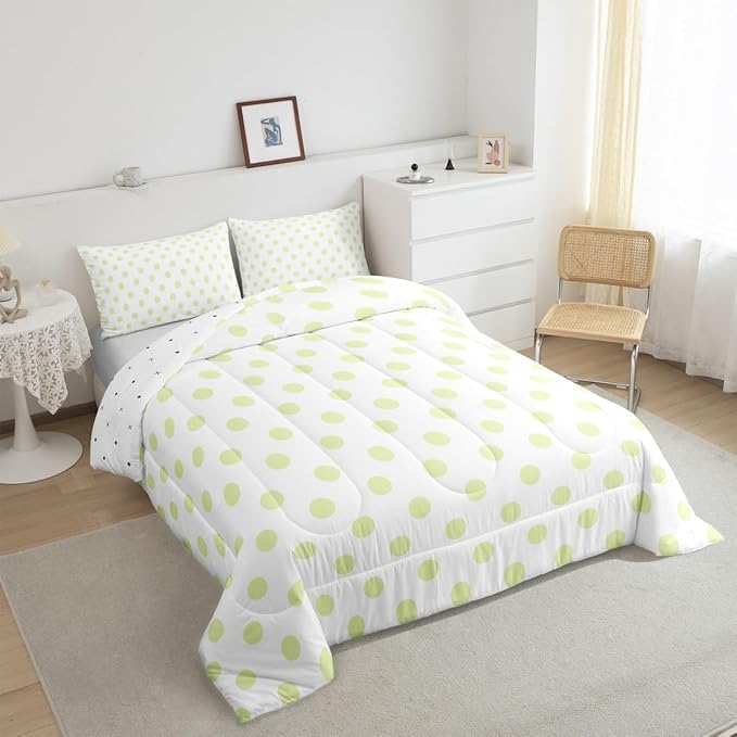 Manfei Cute Polka Dots Comforter Set King Size,Cartoon Dots French Style Lovely Bedding Set for Adults Room,Geometric Circles Yellow Green White Simple Art Comforter,3 Pcs 2 Pillowcases