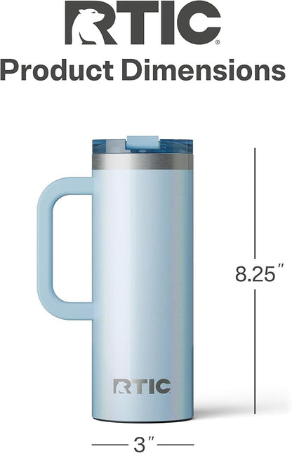 RTIC 20oz Road Trip Travel Mug with Lid and Handle, Ceramic Lined, Insulated, Stainless Steel, Metal, Double Wall Vacuum-Insulation, Portable Coffee, Tea Cup for Hot and Cold Drink, RTIC Ice Glitter