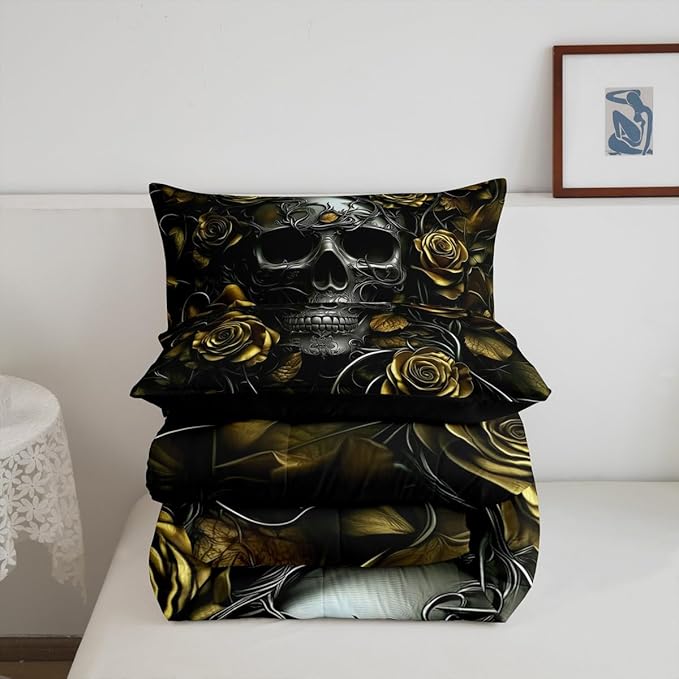 Erosebridal Adults Gothic Comforter Set Bohemian Boho Goth Bedding Full Size Vintage Horror Skull Bed Sets Yellow Baroque Victorian Romantic Rose Duvet Insert,Halloween Gothic Bedroom Decor