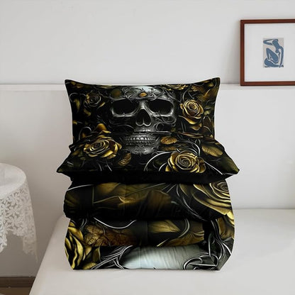 Erosebridal Adults Gothic Comforter Set Bohemian Boho Goth Queen Bedding Sets Vintage Horror Skull Bed Sets Yellow Baroque Victorian Romantic Rose Duvet Insert,Halloween Gothic Bedroom Decor
