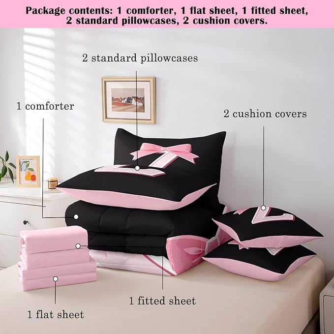 jejeloiu Kawaii Pink Bow Full Comforter Set with Sheets,Gifts for Women Teen Girl,Monogrammed 7 Piece Bedding Set,Soft Personalized Initial Letter Z Bed in a Bag with Comforter,Sheets,Pillowcases