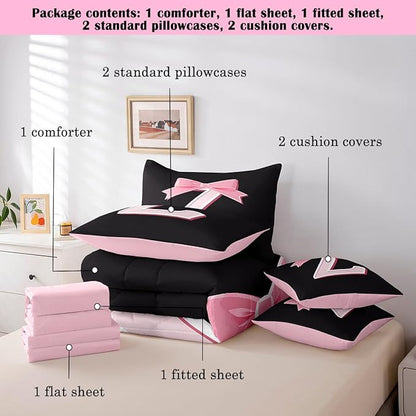 jejeloiu Kawaii Pink Bow Queen Comforter Set with Sheets,Gifts for Women Teen Girl,Monogrammed 7 Piece Bedding Set,Soft Personalized Initial Letter Z Bed in a Bag with Comforter,Sheets,Pillowcases