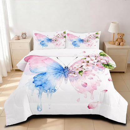 Butterfly Comforter Set Queen 3 Pieces Blue Pink Butterfly Bedding Set for Kids Teens Butterflies Cherry Blossom Comforter with 2 Pillowcases,White Super Soft Microfiber All Season