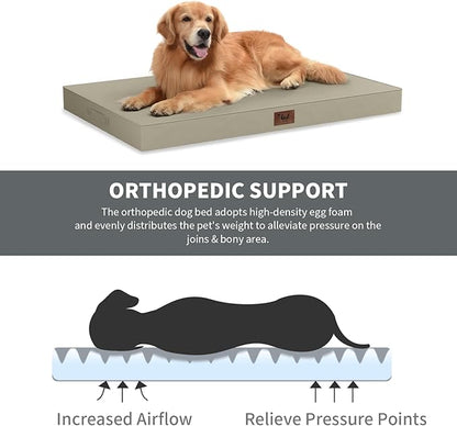 Outdoor Dog Bed for Medium Dogs, Waterproof Dog Crate Mat Orthopedic Egg Crate Foam Pet Bed with Washable Removable Oxford Cover, Khaki