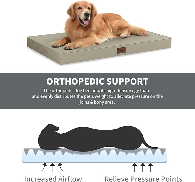 Outdoor Extra Large Dog Crate Bed, XXL Waterproof Dog Bed for Giant Breeds Dogs, 47x29 Inch Orthopedic Egg Crate Foam Pet Mat with Removable Cooling Cover, Khaki