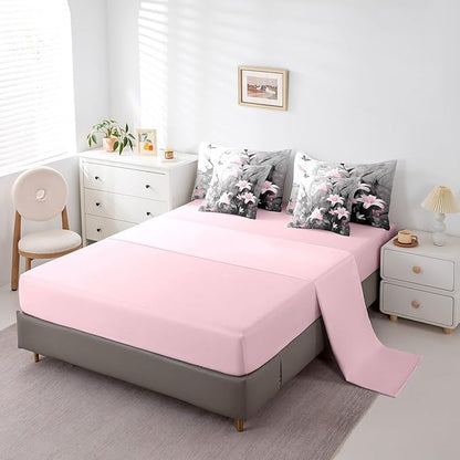 Feelyou Girls Lily Flower Comforter Set with Sheets Full Size 7 Pieces Kids Pink Floral Bedding Set for Boys Women Teens Simple Modern Abstract Art Bed in a Bag Room Decor