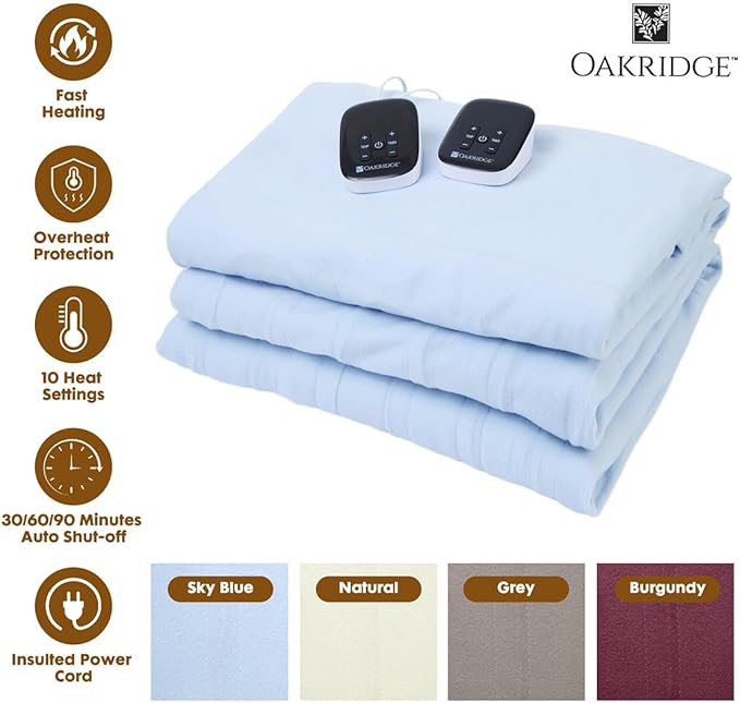 OakRidge Digital Comfort Fleece Heated Queen Blanket - Sky Blue, 100% Polyester, Machine Washable, Oeko-TEX Certified, Perfect for Warm Nights, Controlled Heat Settings