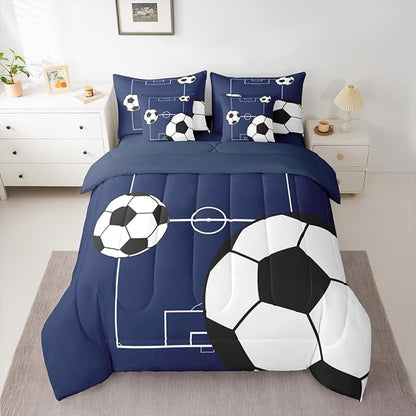 Erosebridal Football Bedding Set King Size 7 Pieces Boys Sports Theme for Teens Soccer Ball Pattern Bed in a Bag Football Court Comforter Set with Sheets Playground Blue White for Kids Girls