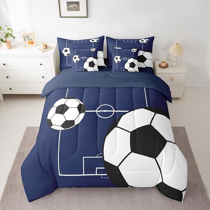 Erosebridal Football Bedding Set Full Size 7 Pieces Boys Sports Theme for Teens Soccer Ball Pattern Bed in a Bag Football Court Comforter Set with Sheets Playground Blue White for Kids Girls