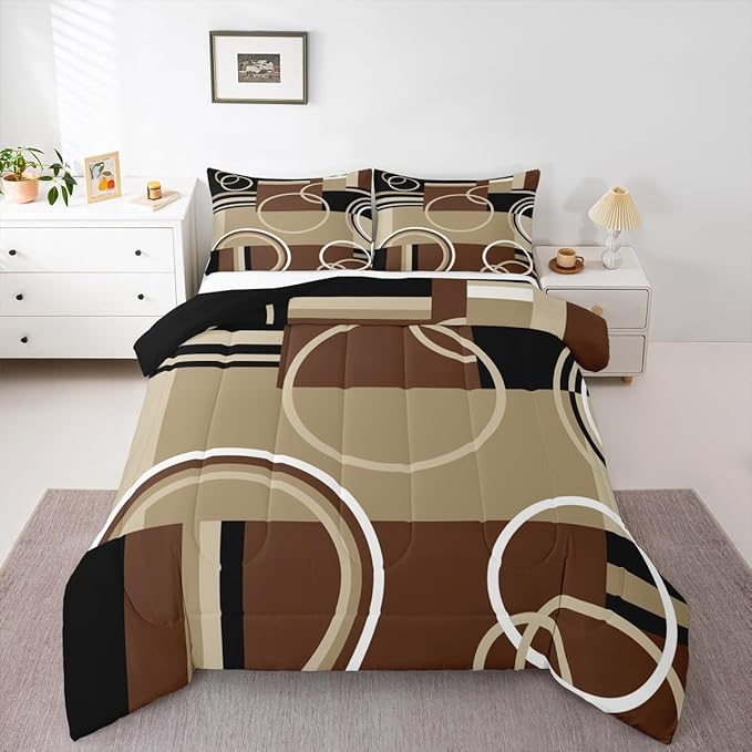 Modern Brown Grey Black Comforter Set Full, Geometric Swirls Bedding Set for Boys Girls Kids, Circle Striped Down Comforter, Abstract Square Art Bedroom Decor Duvet Set with 2 Pillow Cases