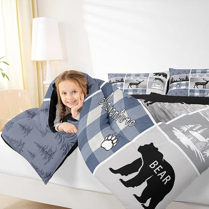 Erosebridal Kids Deer Bear Comforter Set, Rustic Farmhouse Quilt Vintage Adventure Camping Bedding Queen Size for Boys Teens Adult,Retro Cabin Lodge Plaid Duvet Insert Deer Gifts for Girls,Blue Grey