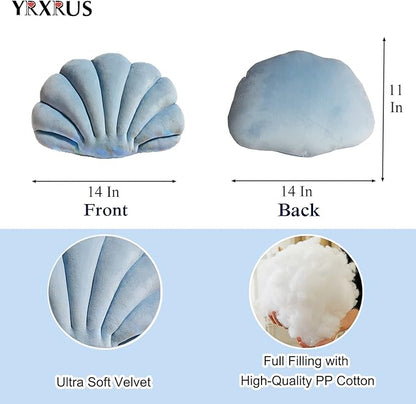 YRXRUS Shell Pillow, Light Blue Seashell Pillows, Patio Shell Shaped Pillow Gifts, Accent Ocean Series, Ultra Soft Velvet Cushion for Bed Living Kids Room 3D Insert Pillows14X11 Inch