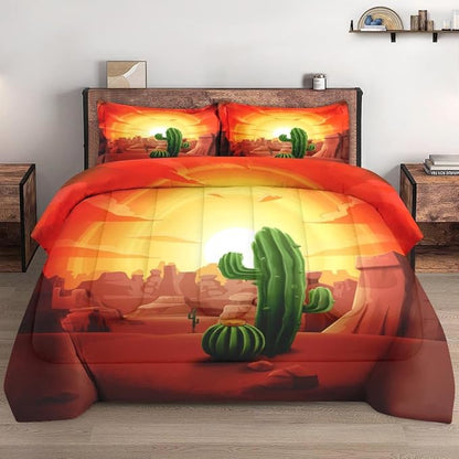 Comforter Set Queen Size, Cactus Mountains Sun 3 Pcs Soft Bedding Set for Kids and Adults, Summer Sunset Plant Comforter Set with 2 Pillowcases, for Bedroom Bed Decor