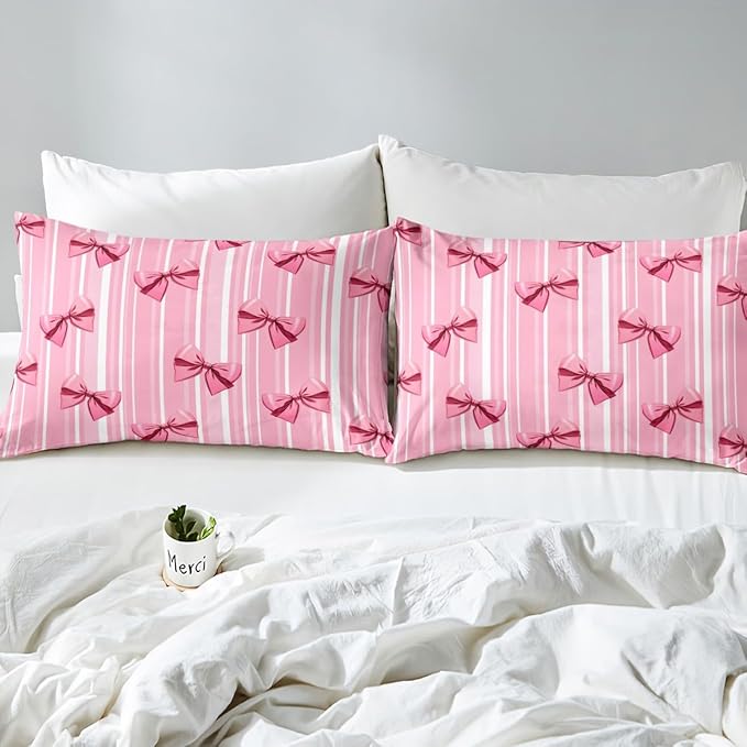 Erosebridal Pink Bowknot Bedding Set for Girls Bedroom, Dreamy Princess Toddler Size Comforter Set, Cute Bow Girly Down Comforter, Kawaii Stripes Quilt,Lightweight Bedroom Decor