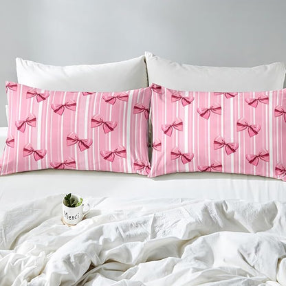 Erosebridal Pink Bowknot Bedding Set for Girls Bedroom, Dreamy Princess Toddler Size Comforter Set, Cute Bow Girly Down Comforter, Kawaii Stripes Quilt,Lightweight Bedroom Decor