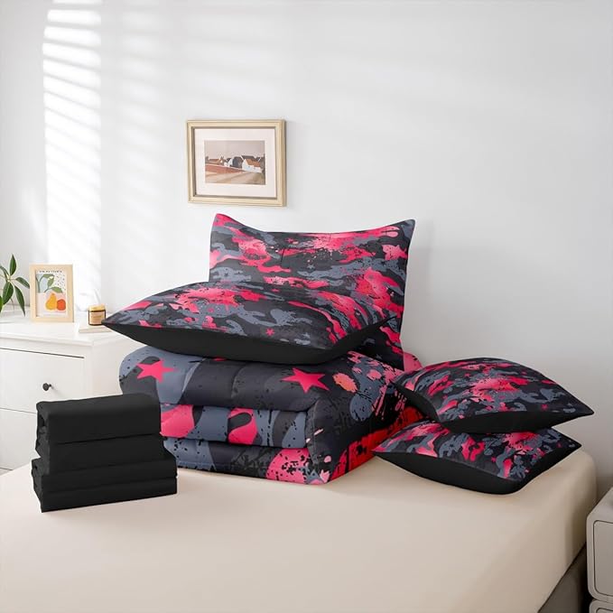 Erosebridal Graffiti King Comforter Set Camouflage 7-Piece Bed in A Bag Ombre Statrs Camo Watercolor Grunge Sheets and Pillowcases Grey Pink Bed Sets