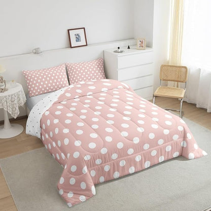 Manfei Polka Dots Comforter Set King Size 3 Pcs,Modern Geometric Circles Abstract Simple Art Bedding Set,Cartoon French Style Dots Pink White Quilt Set for Adults Bedroom,2 Pillowcases
