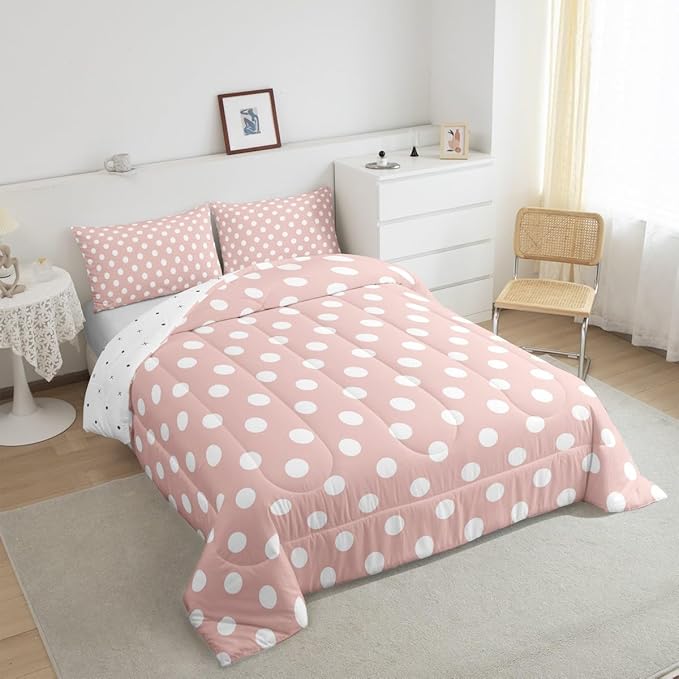Manfei Polka Dots Comforter Set Queen Size 3 Pcs,Modern Geometric Circles Abstract Simple Art Bedding Set,Cartoon French Style Dots Pink White Quilt Set for Young Adults,2 Pillowcases
