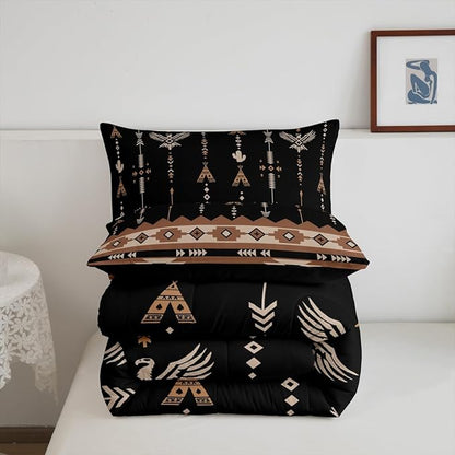 Feelyou Black Brown Southwestern Aztec Bedding Set Toddler Size Boho Western Comforter Set Boys Girls Vintage Geometric Tribal Duvet Quilt