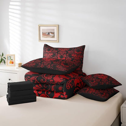 Erosebridal Gothic Damask Bed in a Bag King Size Comforter Set 7 Pieces,Halloween Bat Bedding Sets Red Black Victorian Floral Goth Sheet Set with Comforter